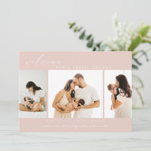 Moderne foto Collage Eenvoudige scriptroze geboort Aankondiging (Staand voorkant)