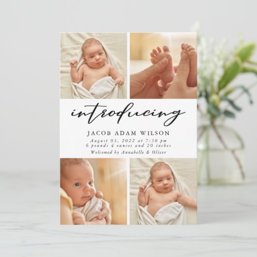 Moderne foto-collage geboorte aankondiging (Staand voorkant)