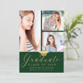 Moderne foto Collage Gold Script Green Afstuderen Aankondiging (Staand voorkant)