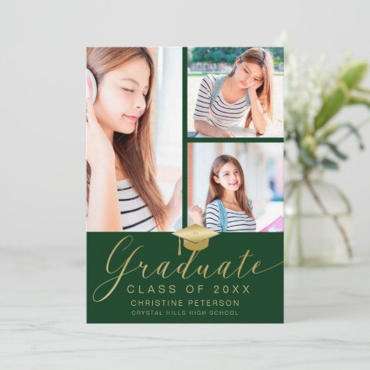 Moderne foto Collage Gold Script Green Afstuderen Aankondiging (Staand voorkant)