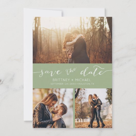 Moderne foto Collage Handgeschreven Sage Green Aankondiging (Voorkant)