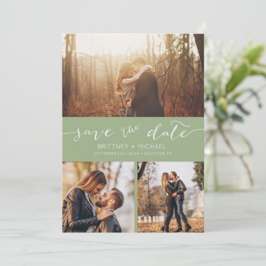 Moderne foto Collage Handgeschreven Sage Green Aankondiging (Staand voorkant)