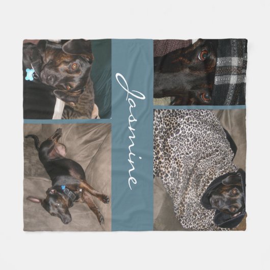 Moderne Foto Collage Hond Dusty Blauw Fleece Deken (Voorkant (Horizontaal))