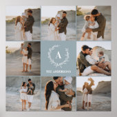 Moderne foto collage krans monogram familie blauw poster (Voorkant)
