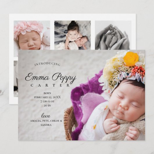 Moderne foto collage Monogram pasgeboren meisje ge Aankondiging (Voorkant / Achterkant)