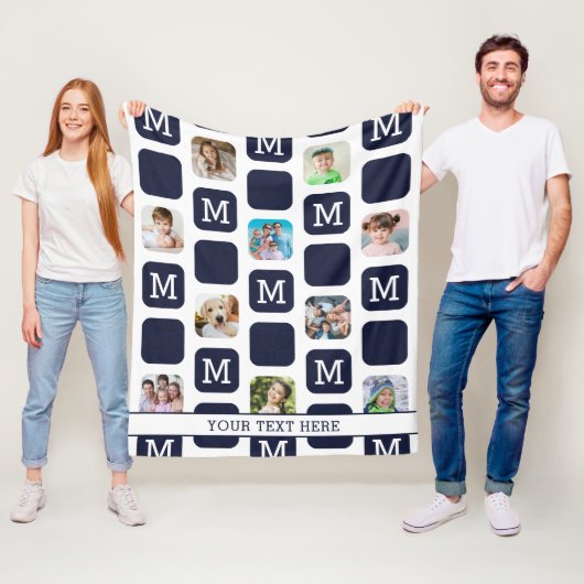 Moderne Foto Collage Monogram Pattern Navy MED. Fleece Deken (In situ)