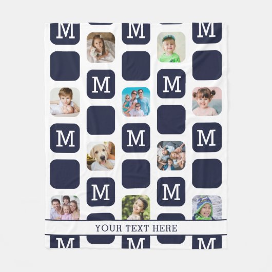 Moderne Foto Collage Monogram Pattern Navy MED. Fleece Deken (Voorkant)