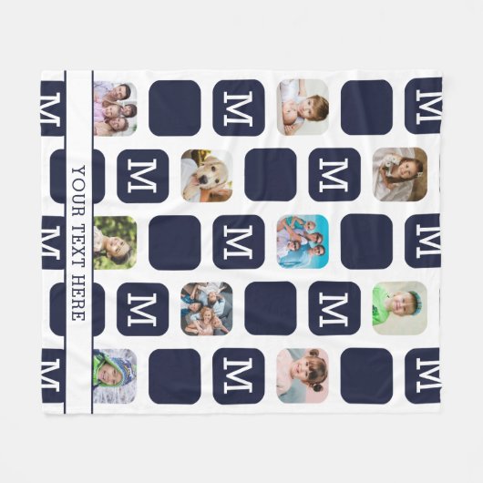 Moderne Foto Collage Monogram Pattern Navy MED. Fleece Deken (Voorkant (Horizontaal))