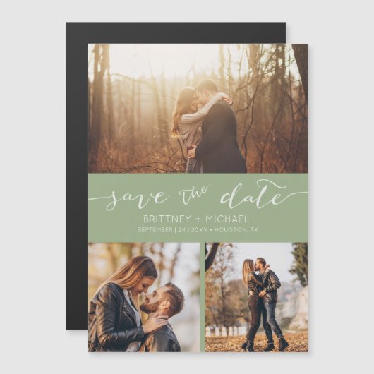 Moderne foto Collage Sage Green Save the Date (Voorkant / Achterkant)