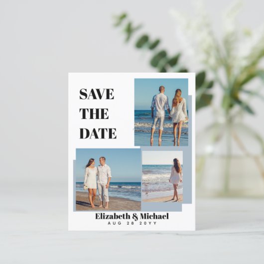 Moderne FOTO Collage Save Dates Stof Blauw (Staand voorkant)