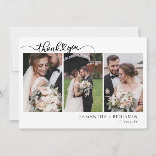 Moderne foto collage script bruiloft bedankkaart (Voorkant)