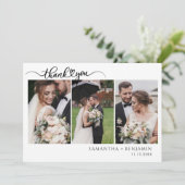 Moderne foto collage script bruiloft bedankkaart (Staand voorkant)