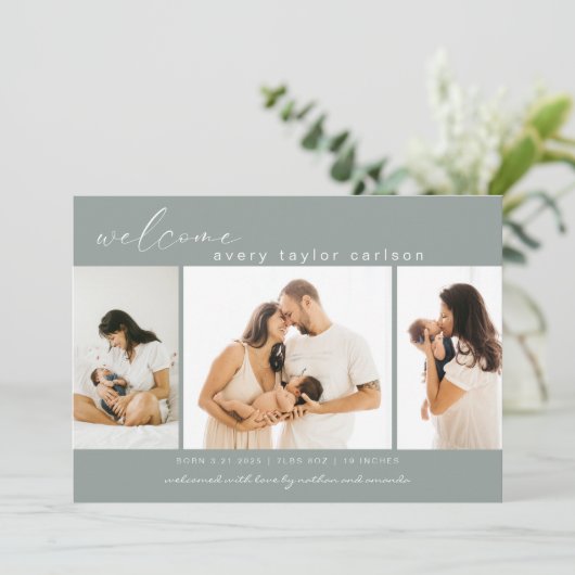 Moderne foto Collage Simple Script Birth Aankondiging (Staand voorkant)