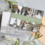 Moderne Foto Collage sparen de Datum Groen Save The Date<br><div class="desc">Kies de beste afbeeldingen uit je verloving-opname of je favoriete afbeeldingen van jullie twee voor deze perfecte bewaardatum. De woorden sparen de datum zijn handgeschreven om een persoonlijk gevoel aan de kaart te geven. De voorkant heeft 6 afbeeldingen en de achterkant heeft een groot afbeelding met een witte filter op...</div>