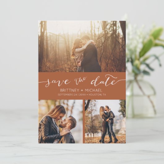 Moderne Foto Collage Terracotta Save the Date Aankondiging (Staand voorkant)