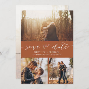 Moderne Foto Collage Terracotta Save the Date Aankondiging