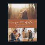 Moderne Foto Collage Terracotta Save the Date Feestdagenkaart<br><div class="desc">Kies de beste afbeeldingen uit je verloving-opname of je favoriete afbeeldingen van jullie twee voor deze perfecte bewaardatum. De woorden sparen de datum worden handgeschreven om een persoonlijk gevoel aan het briefkaart te geven. Geef dit sparen de kaart van de datumbruiloft met uw informatie uit en pas het voor verdere...</div>