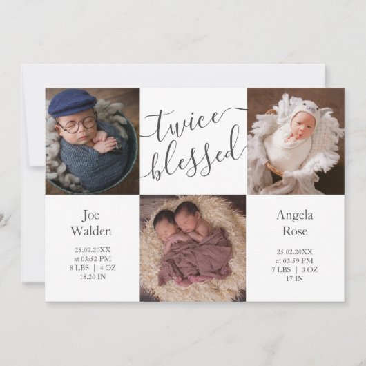 Moderne foto collage Twins Two Baby Birth Aankondiging (Voorkant)