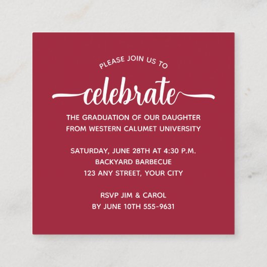 Moderne foto Crimson Afstuderen Informatiekaartje (Achterkant)