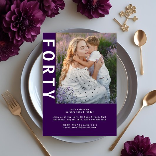 Moderne foto Donker Paarse 40e verjaardag Uitnodig Kaart