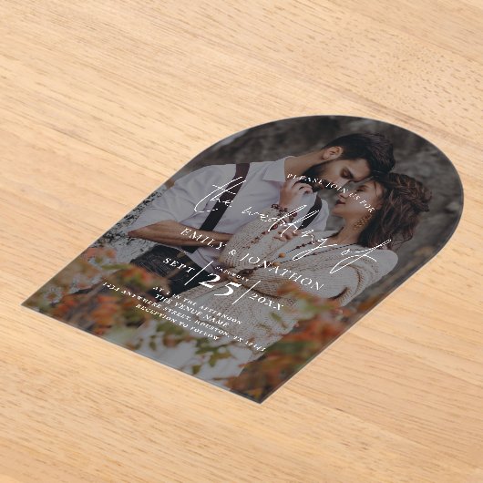 Moderne foto donkere overlay script bruiloft acryl uitnodigingen (Laagn)