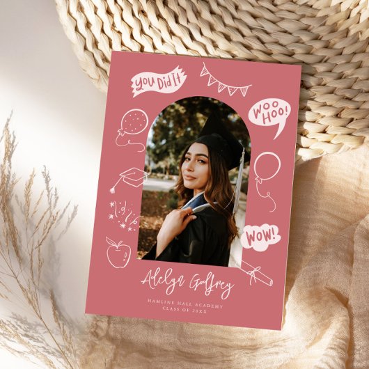 Moderne foto Doodle Afstuderen Blush Pink Aankondiging