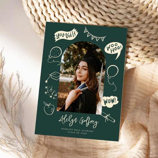 Moderne foto Doodle Afstuderen Groen Aankondiging