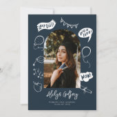Moderne foto Doodle Afstuderen Navy Blue Aankondiging (Voorkant)