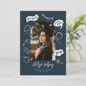 Moderne foto Doodle Afstuderen Navy Blue Aankondiging (Staand voorkant)