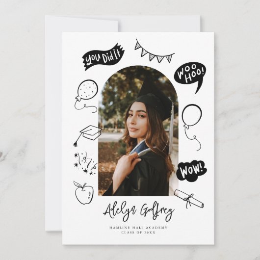 Moderne foto Doodle Afstuderen Wit Afstuderen Aankondiging (Voorkant)
