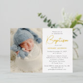 Moderne foto doop goud folie uitnodiging (Staand Voorkant)