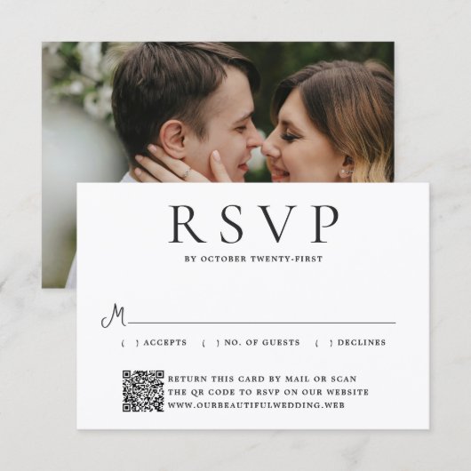 Moderne foto-editorial QR-code bruiloft RSVP Kaartje (Voorkant / Achterkant)