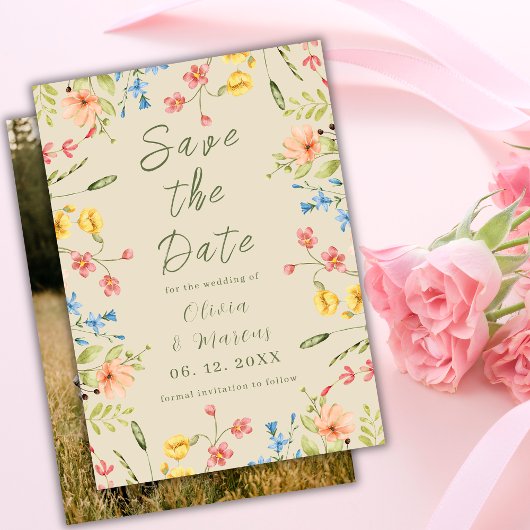 Moderne Foto Eenvoudige Wildflowers Beige Save The Date