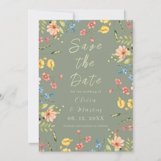 Moderne Foto Eenvoudige Wildflowers Sage Green Save The Date (Voorkant)