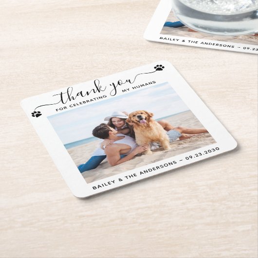 Moderne foto Elegant script Bedankt Pet Wedding Kartonnen Onderzetters (Schuin)