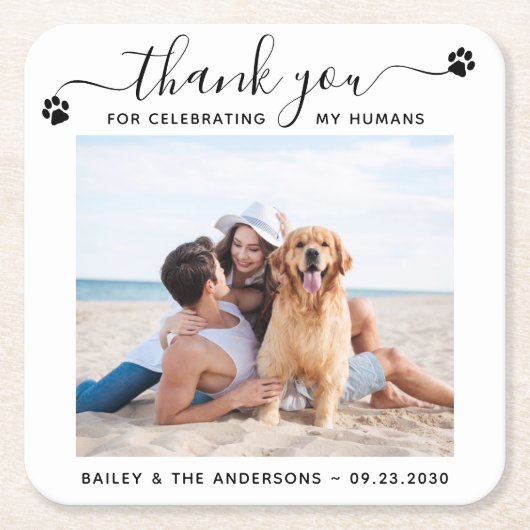 Moderne foto Elegant script Bedankt Pet Wedding Kartonnen Onderzetters (Voorkant)