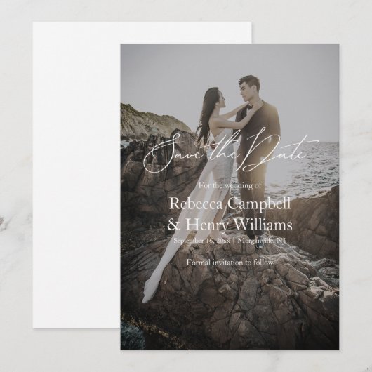 Moderne foto Elegant Script Bruiloft Save the Date Kaart (Voorkant / Achterkant)