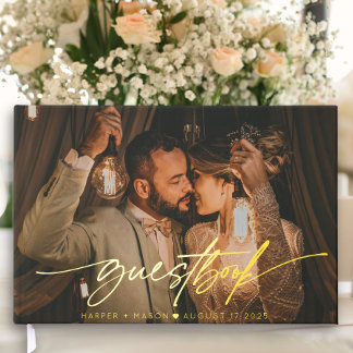 Moderne foto Elegant Script Monogram Bruiloft Gastenboek