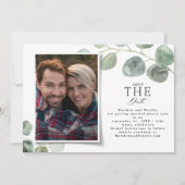 Moderne foto-elegante eucalyptus slaat de datum op feestdagenkaart (Voorkant)