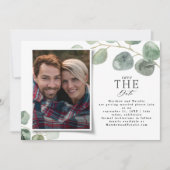 Moderne foto-elegante eucalyptus slaat de datum op feestdagenkaart (Voorkant)