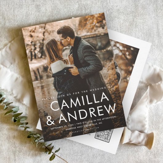 Moderne foto Elegante QR code Bruiloft Kaart