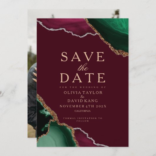 Moderne foto Emerald Agate Burgundy Save the Date (Voorkant / Achterkant)