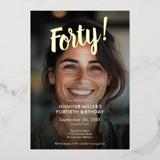 Moderne foto en goudfolie 40e verjaardag folie uitnodiging (Voorkant)