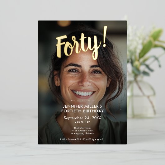 Moderne foto en goudfolie 40e verjaardag folie uitnodiging (Staand Voorkant)