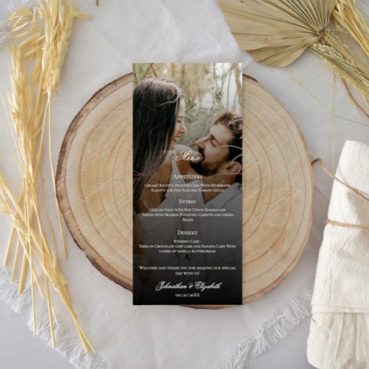 Moderne foto en zwarte overlay bruiloft menu