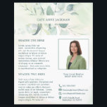 Moderne foto Eucalyptus Elegante rustieke Flyer<br><div class="desc">Elegante zakenflyer met jouw naam tussen een boven- en ondergrens van eucalyptusbladeren en groen met een vleugje blauw, over een pastel waterverf wassen. Gebruik de sjabloon om je foto en bio toe te voegen. Deze rustieke stijl flyer is geweldig voor een nieuwe makelaar / makelaar om uit te vallen als...</div>