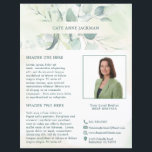Moderne foto Eucalyptus Elegante rustieke Flyer<br><div class="desc">Elegante zakenflyer met jouw naam tussen een boven- en ondergrens van eucalyptusbladeren en groen met een vleugje blauw, over een pastel waterverf wassen. Gebruik de sjabloon om je foto en bio toe te voegen. Deze rustieke stijl flyer is geweldig voor een nieuwe makelaar / makelaar om uit te vallen als...</div>