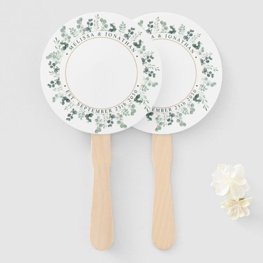 Moderne foto Eucalyptus gepersonaliseerde bruiloft Handwaaier (Voorkant en achterkant)