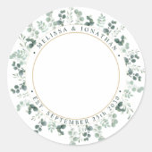 Moderne foto Eucalyptus gepersonaliseerde bruiloft Ronde Sticker (Voorkant)