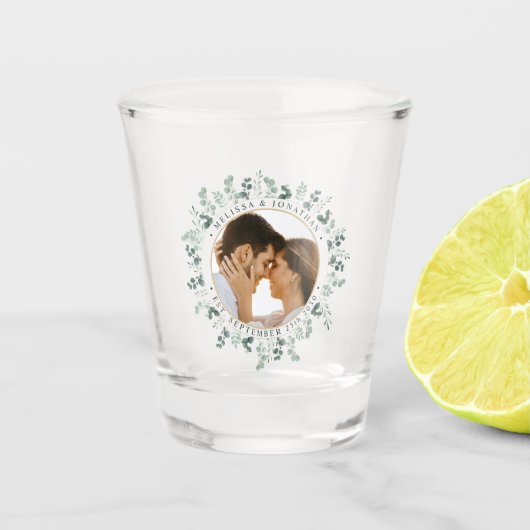Moderne foto Eucalyptus gepersonaliseerde bruiloft Shot Glas (Voorkant)